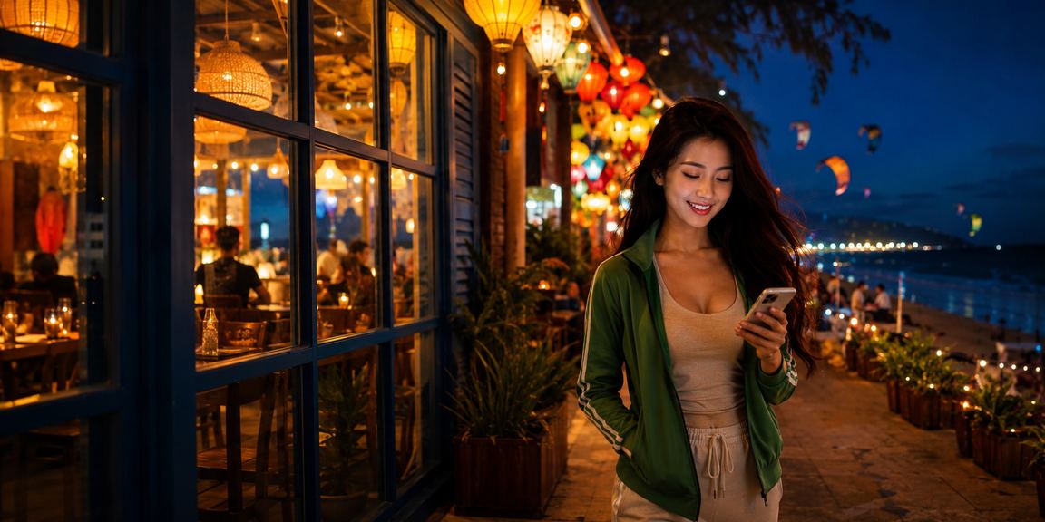 Người dùng đánh bạc trực tuyến trên điện thoại di động tại Mũi Né với khung cảnh cà phê ven biển